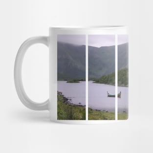 Wonderful landscapes in Norway. Nordland. Beautiful scenery of a valley with a picturesque boat in the Storvatnet lake. Rippled water in a cloudy summer day Mug